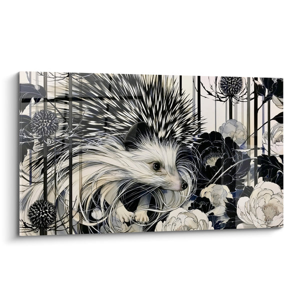 Tableau Hérisson blanc et noir parmi les pivoines - Refuge fleuri - Edition Hérisson