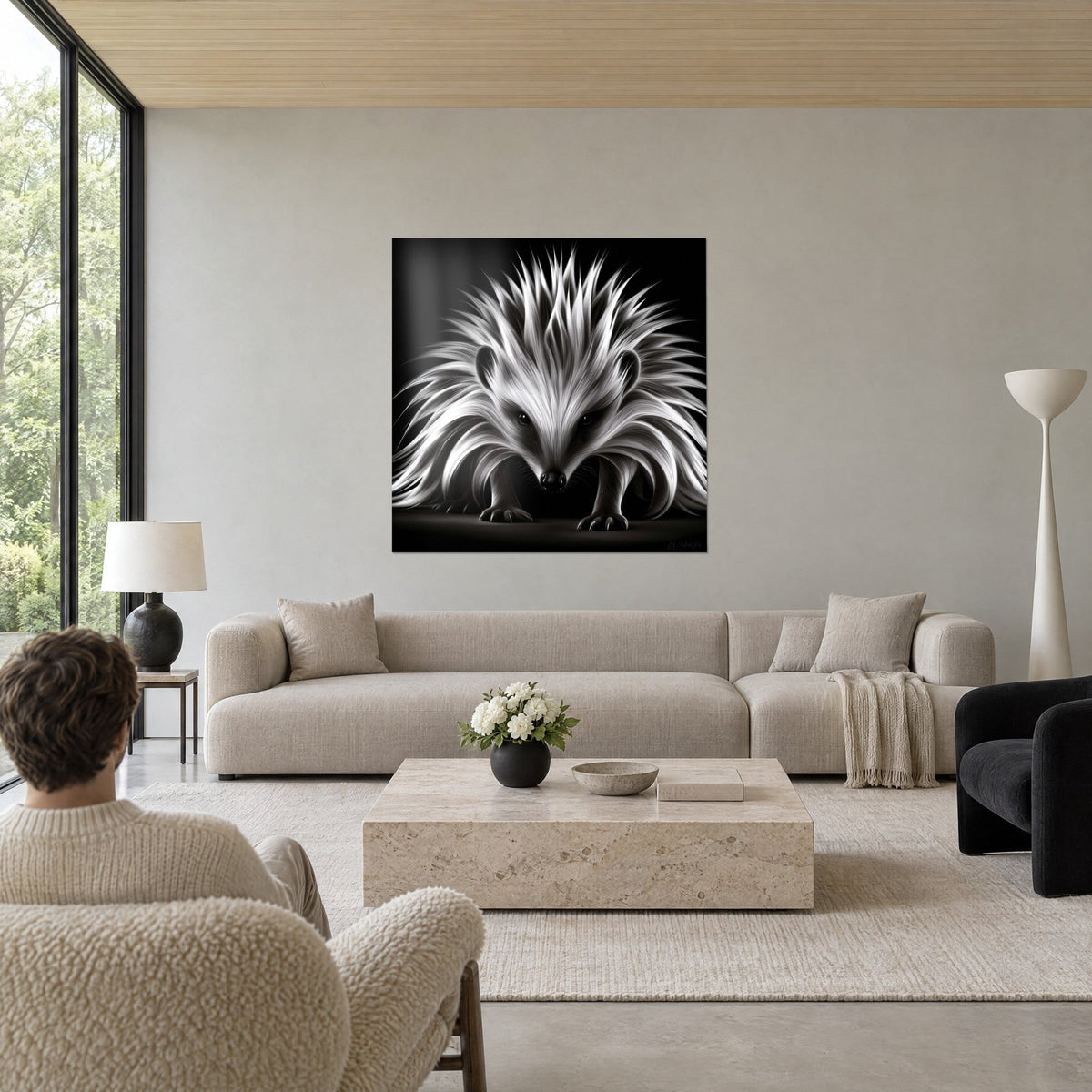 Gemälde Igel mit silbrig aufgerichteten Stacheln auf schwarzem, weißem und seidig grauem Grund, über einem Sofa in einem hellen Wohnzimmer