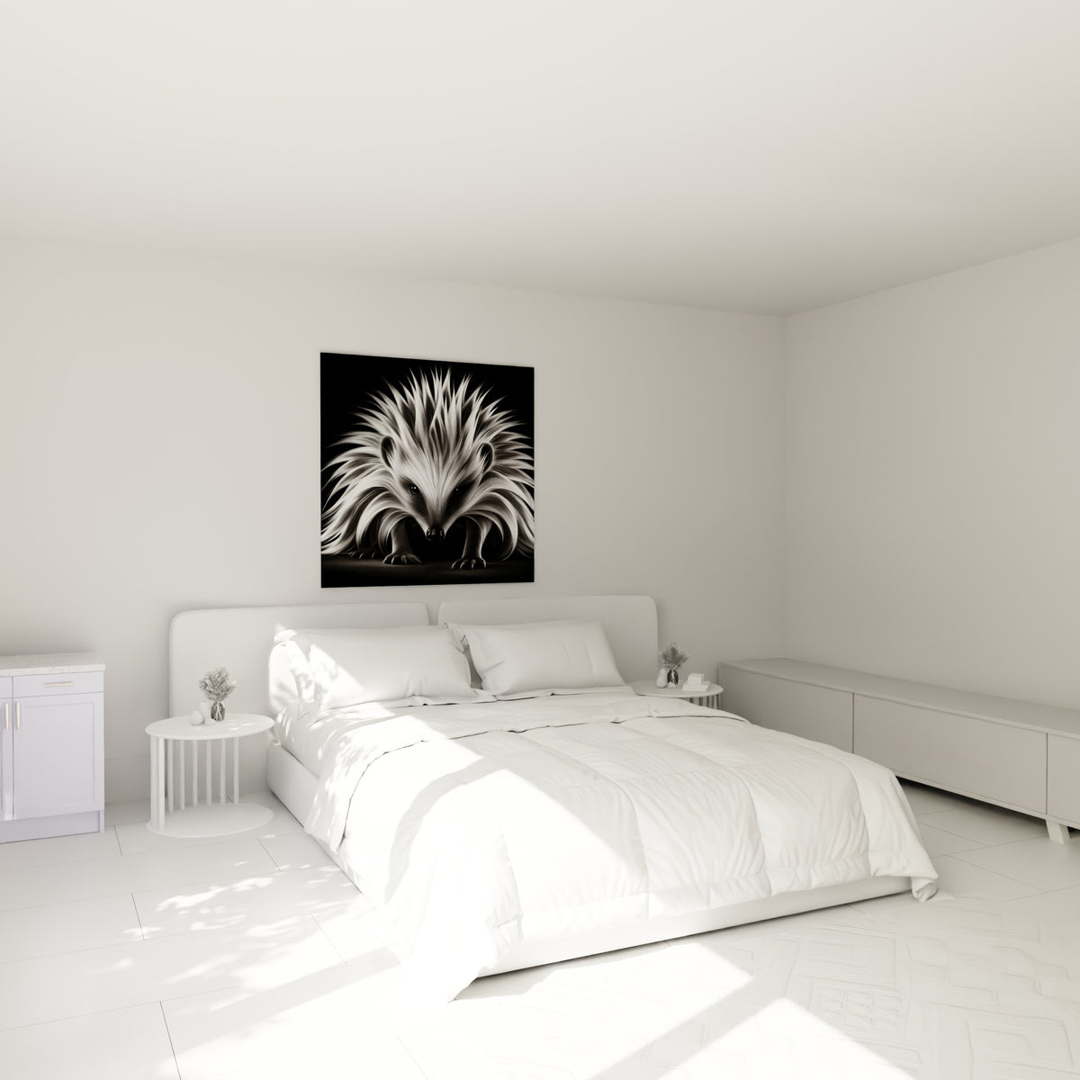 Piquants blancs déployés en éventail sur fond noir profond, accroché au-dessus d'un lit dans une chambre claire