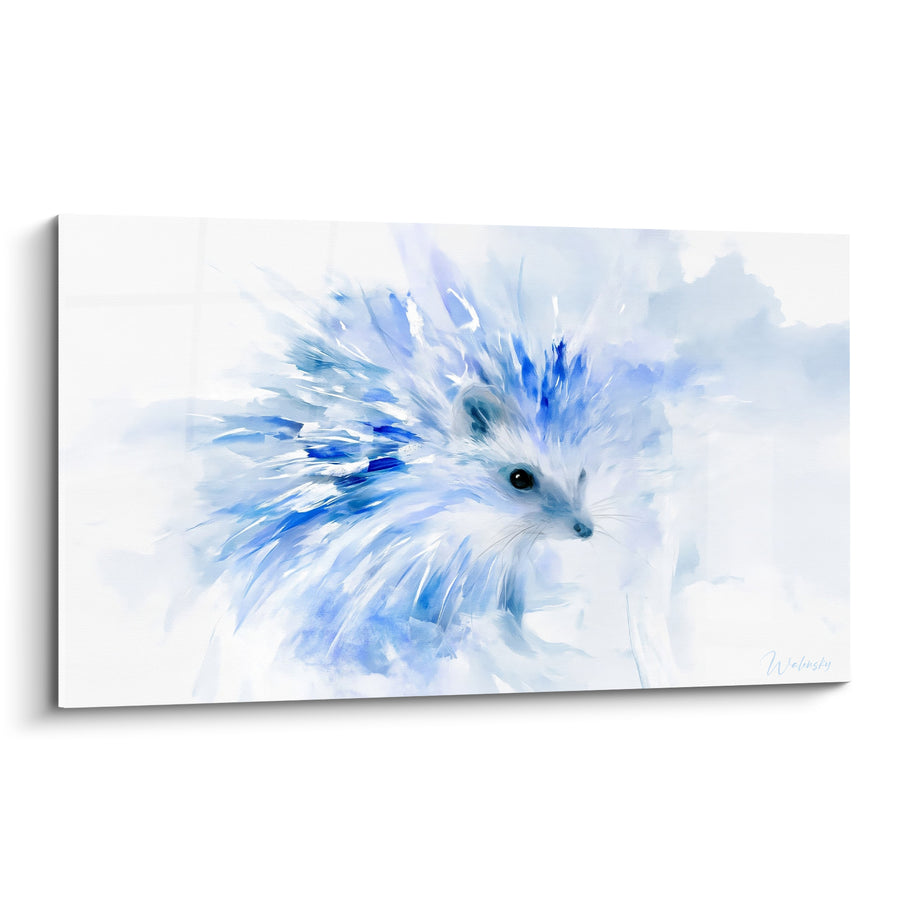 Tableau Hérisson bleu et blanc aux piquants aquarellés vaporeux - Moustaches délicates - Edition Hérisson