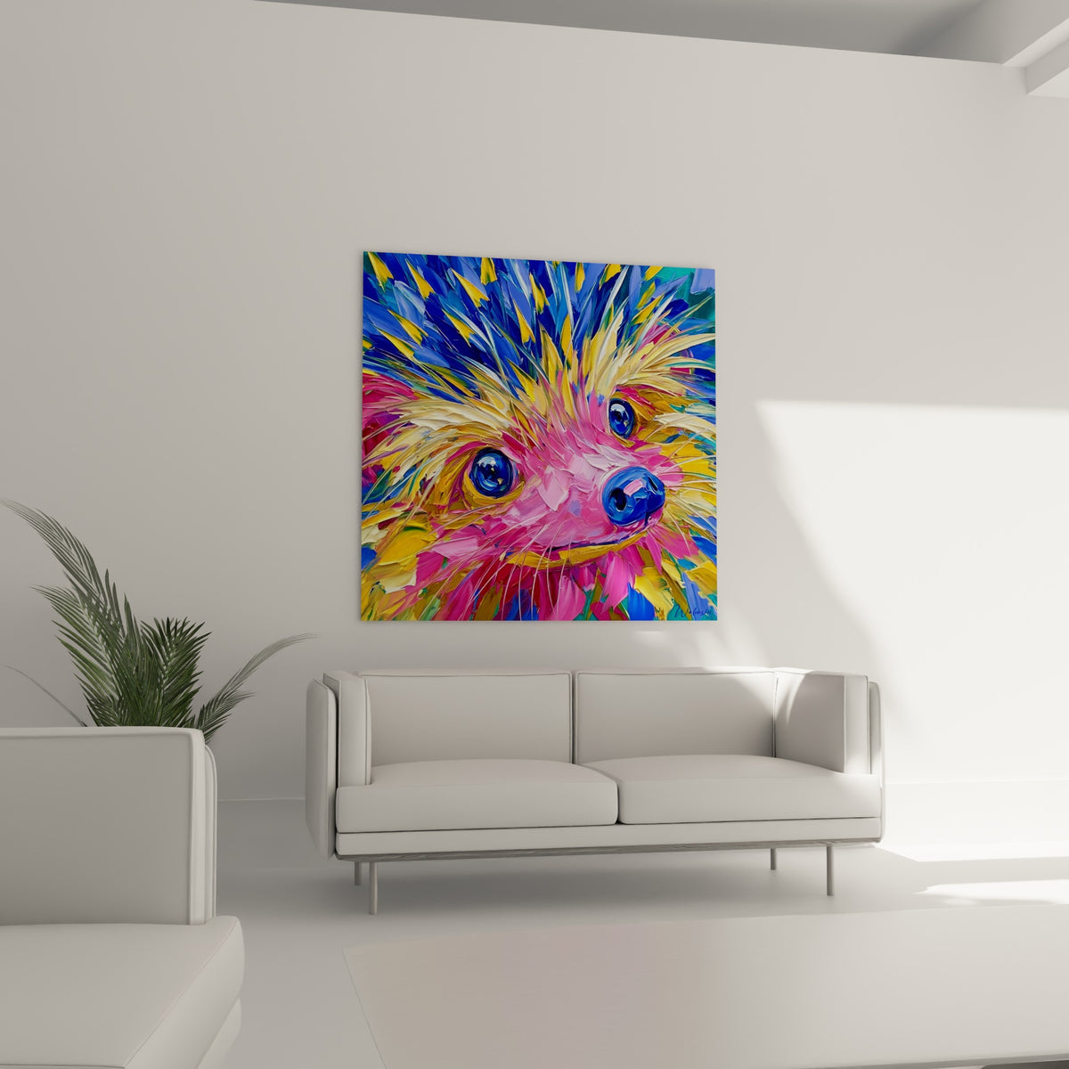 Regard bleu marine d'un hérisson aux piquants jaune et rose, au-dessus d'un canapé dans un salon lumineux