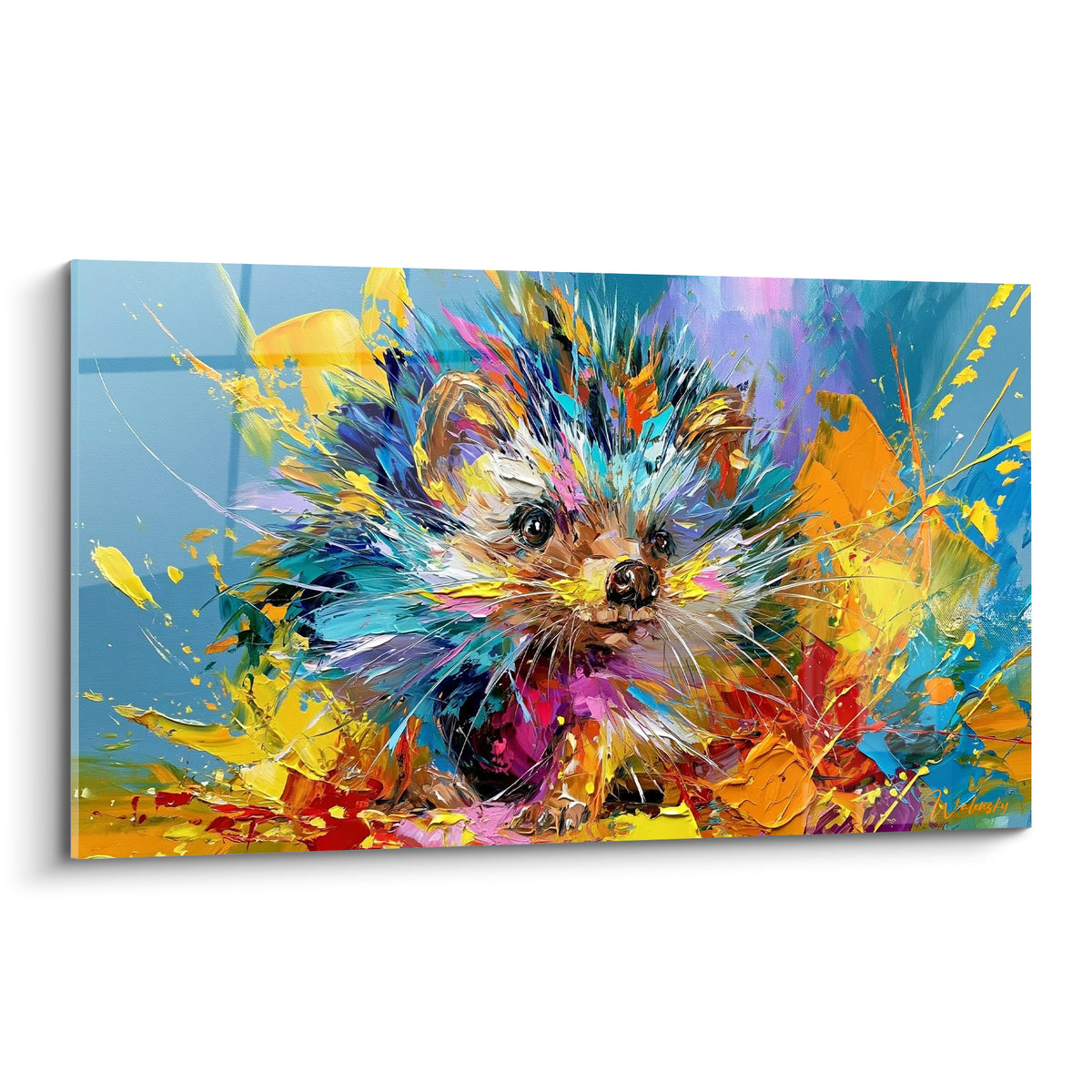 Hérisson peint aux piquants bleu turquoise et jaune vif dans une explosion picturale expressive