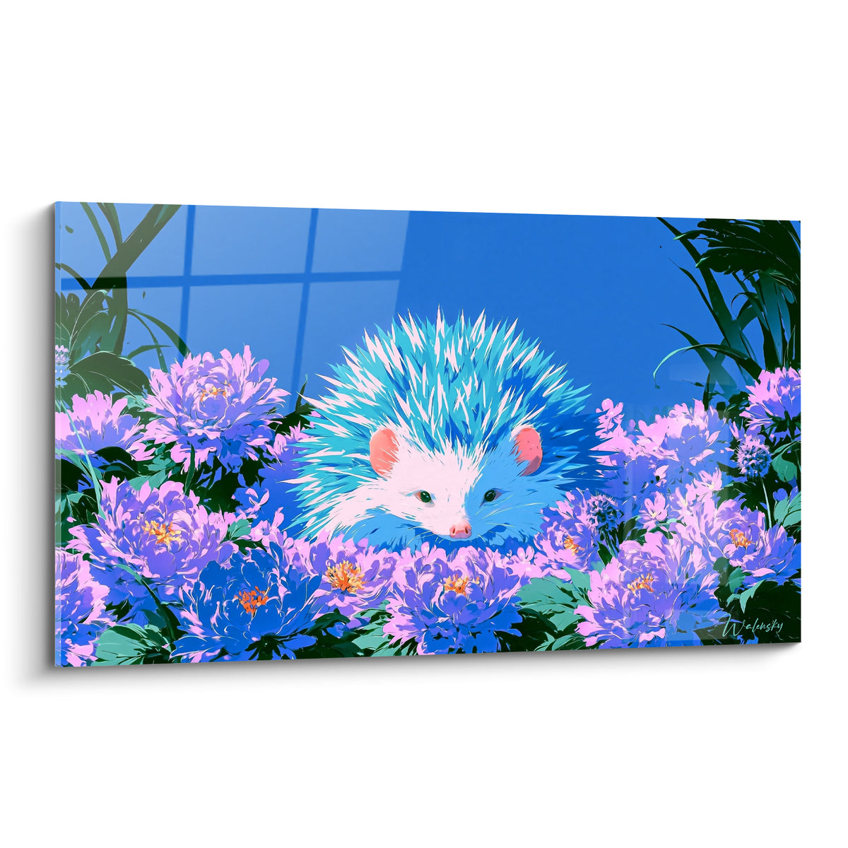 Wall art blue turquoise hedgehog emerging from mauve peonies, white muzzle and pink ears, vibrant illustrative style