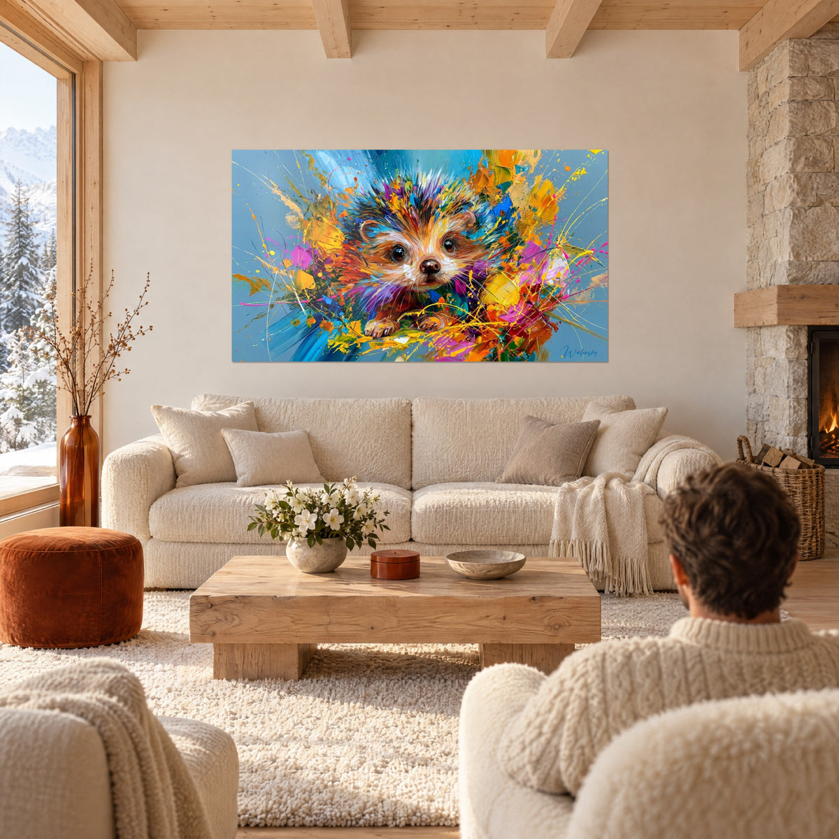Wall art hedgehog with multicoloured spines, sky blue background and yellow splashes, above a sofa in a bright living room
