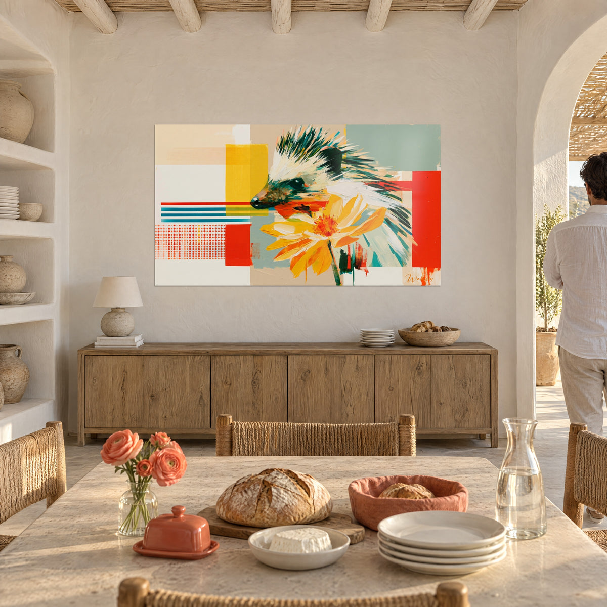 Wall art herbivorous spiny creature in fir green sniffing a saffron flower, beige and red background, above a wooden sideboard