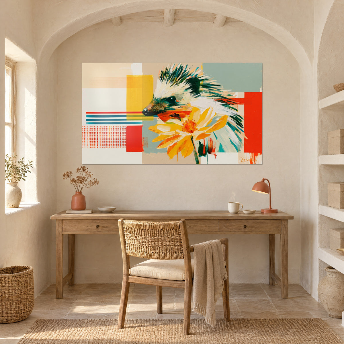 Wall art with white and green spines, orange flower with a red center, blue stripes, above a light wood desk