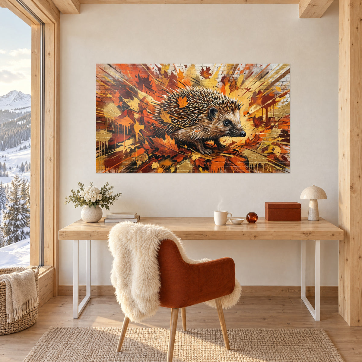 Gemälde herbstlicher Igel mit safranfarbenen Laufspuren und braunen Ahornblättern, gegenüber einem Holzschreibtisch und einem rothaarigen Stuhl