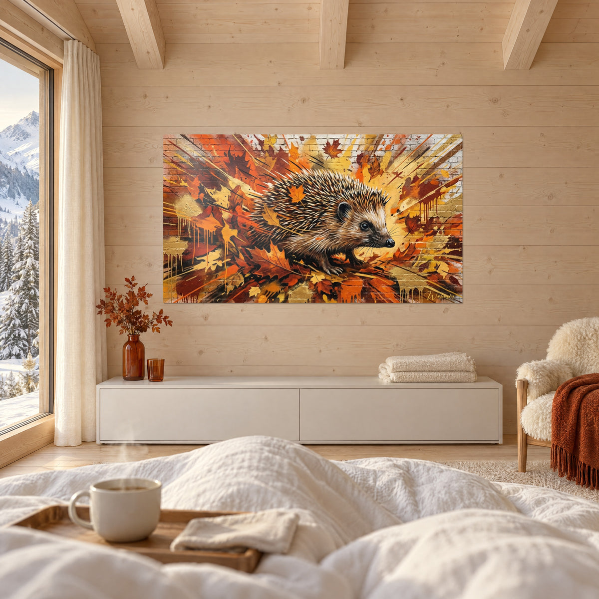 Gemälde stacheliges Tier vor einem Hintergrund aus goldgelben und kupferorangefarbenen Ziegeln, über einem Bett in einem hellen Schlafzimmer