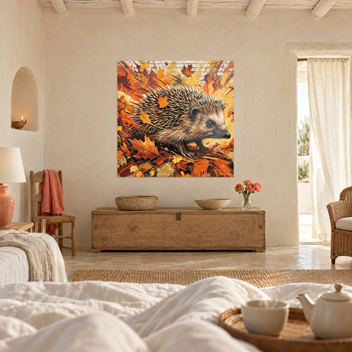 Tableau petit mammifère au pelage brun doré, feuillage automnal orange et ocre, au-dessus d'un lit dans une chambre claire