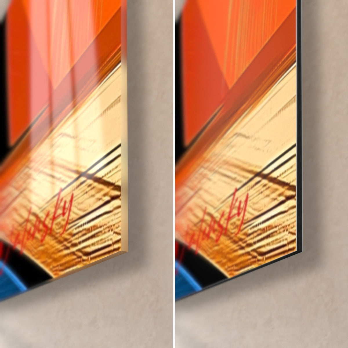 Wall art cubist hedgehog, bottom right corner: glossy acrylic glass with reflections, matt aluminium Dibond, 3 mm edge, orange and golden yellow