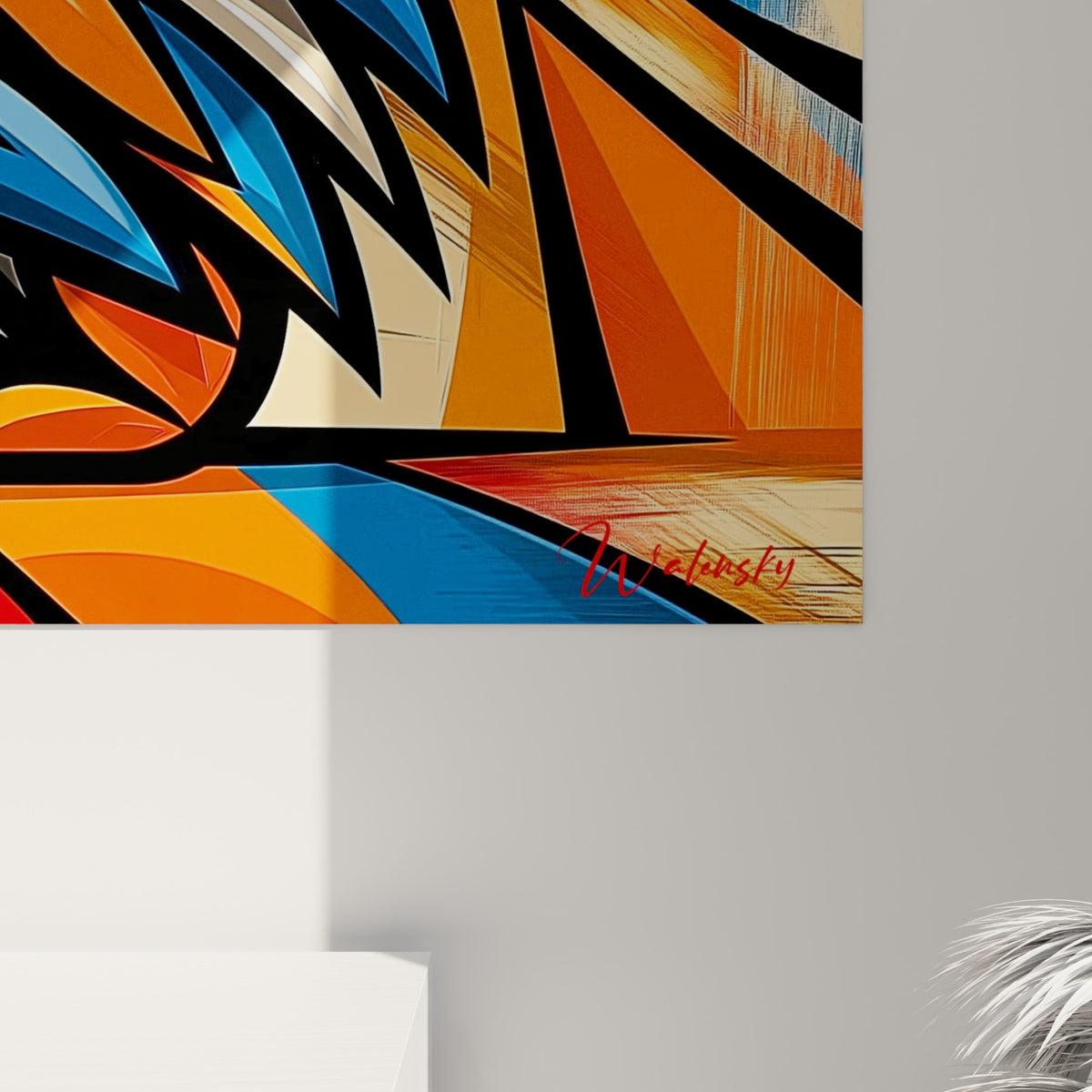 Détail des contours noirs épais et des aplats orange, bleu et blanc cassé sur la toile du hérisson