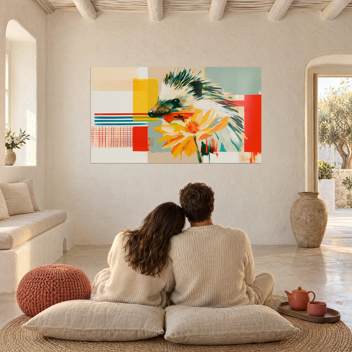 Wall art hedgehog painted with a palette knife, vibrant yellow and red, facing a couple sitting on floor cushions