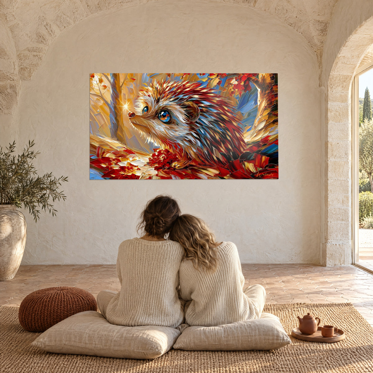 Quadro riccio con aculei rossi e dorati, occhio azzurro luminoso, coppia abbracciata di schiena su cuscini color crema, masseria provenzale