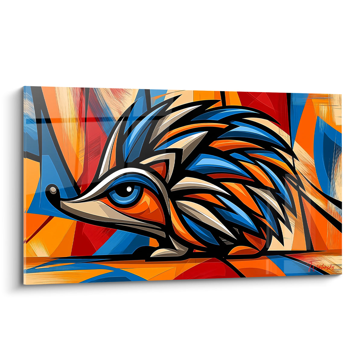 Hérisson cubiste bleu marine et orange, œil bleu perçant, piquants géométriques fragmentés