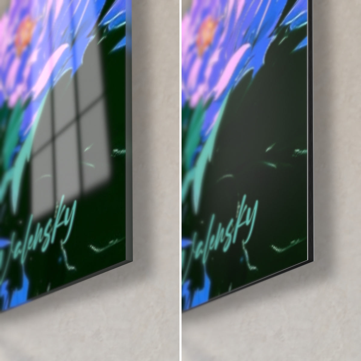 Wall art blue hedgehog, lower right corner: glossy glass on the left, matte Dibond on the right, mauve peony, green signature
