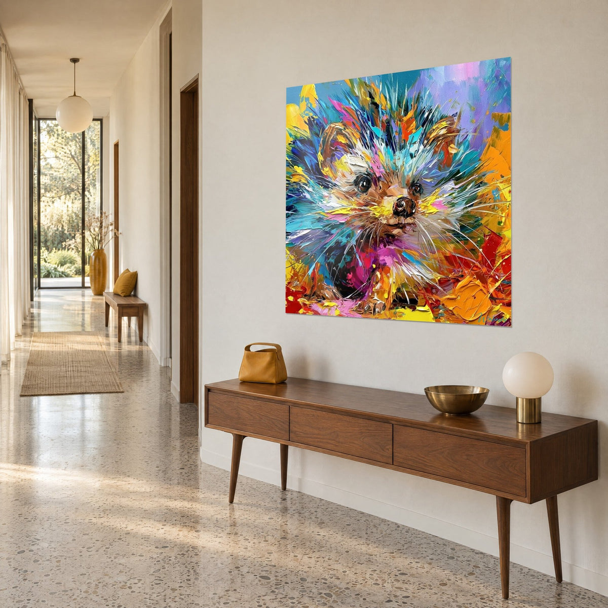 Wall art portrait of a spiky animal, brown snout and purple background, thick palette-knife strokes, at the end of a house hallway