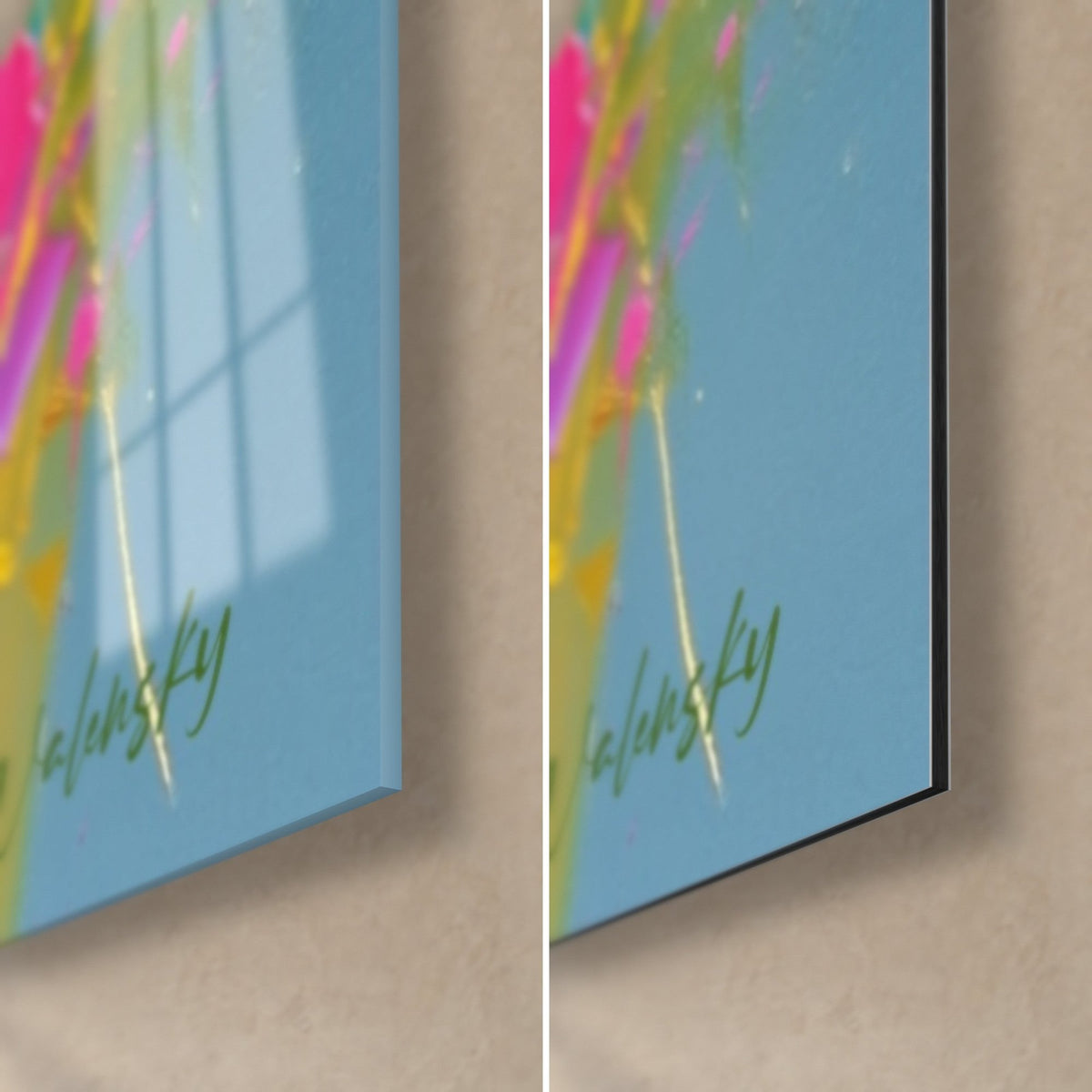 Schilderij stekelig dier in dikke verf, rechtsonder: glanzend hemelsblauw glas links, mat zwart Dibond rechts, dunne rand