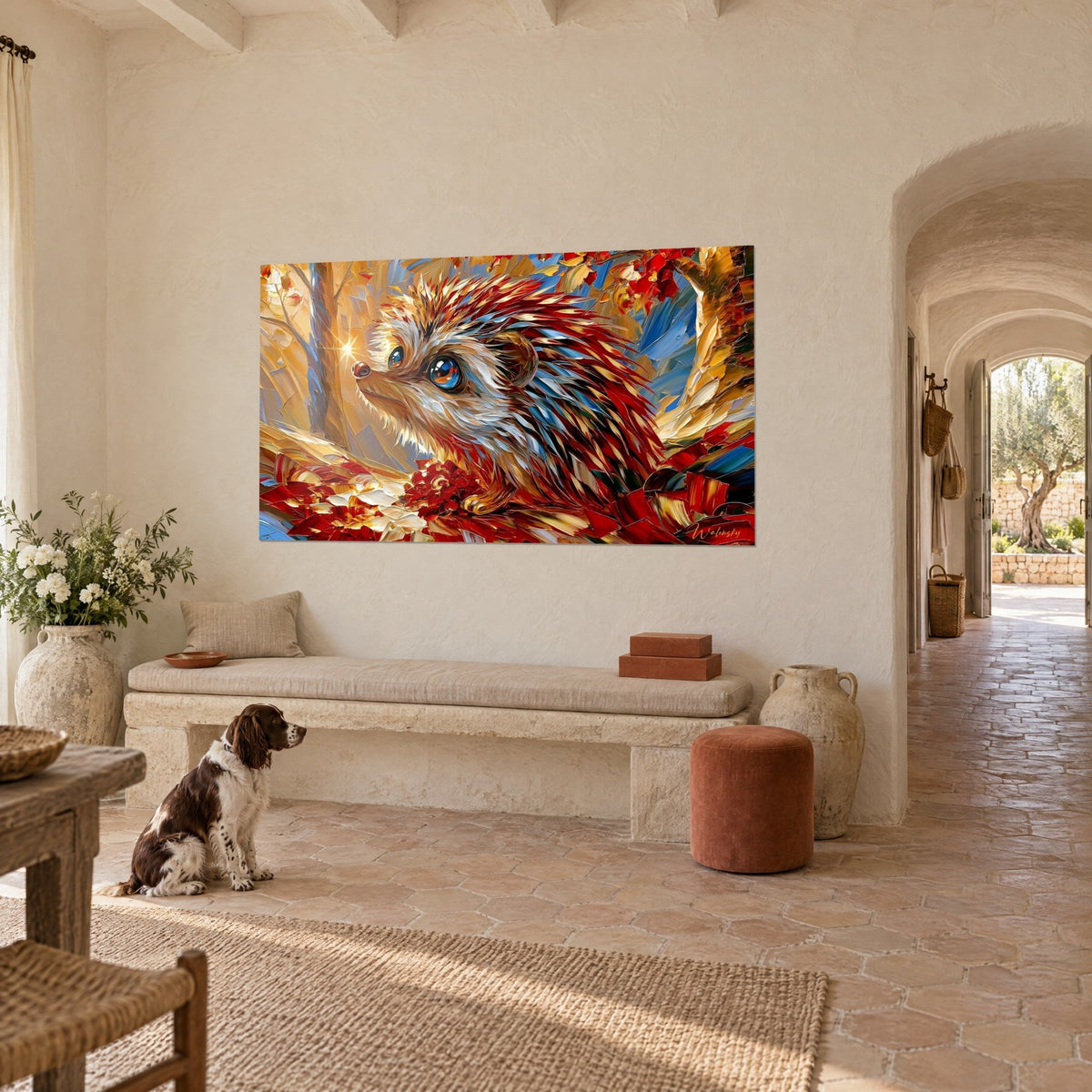 Wall art forest animal covered in red and gold knife-like brushstrokes, pale muzzle, cream wall, stone bench, spaniel on the floor, Provençal farmhouse