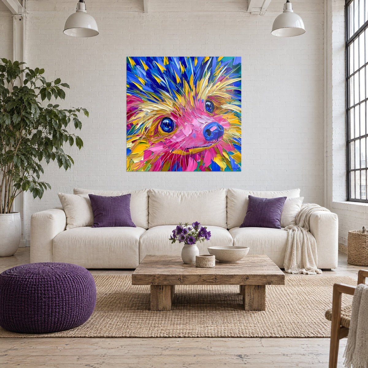 Schilderij egel met kobaltblauwe en zonnegele stekels, roze snuit, boven een bank in een lichte woonkamer