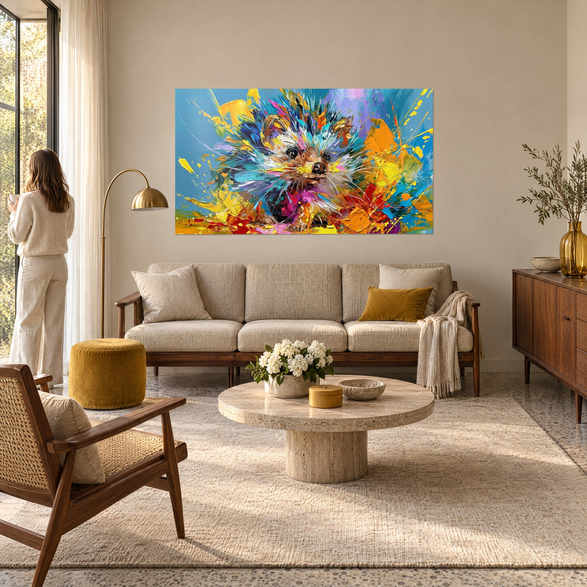 Cuadro de erizo con púas turquesa y amarillas brillantes, fondo azul cielo, colgado encima de un sofá en un salón luminoso