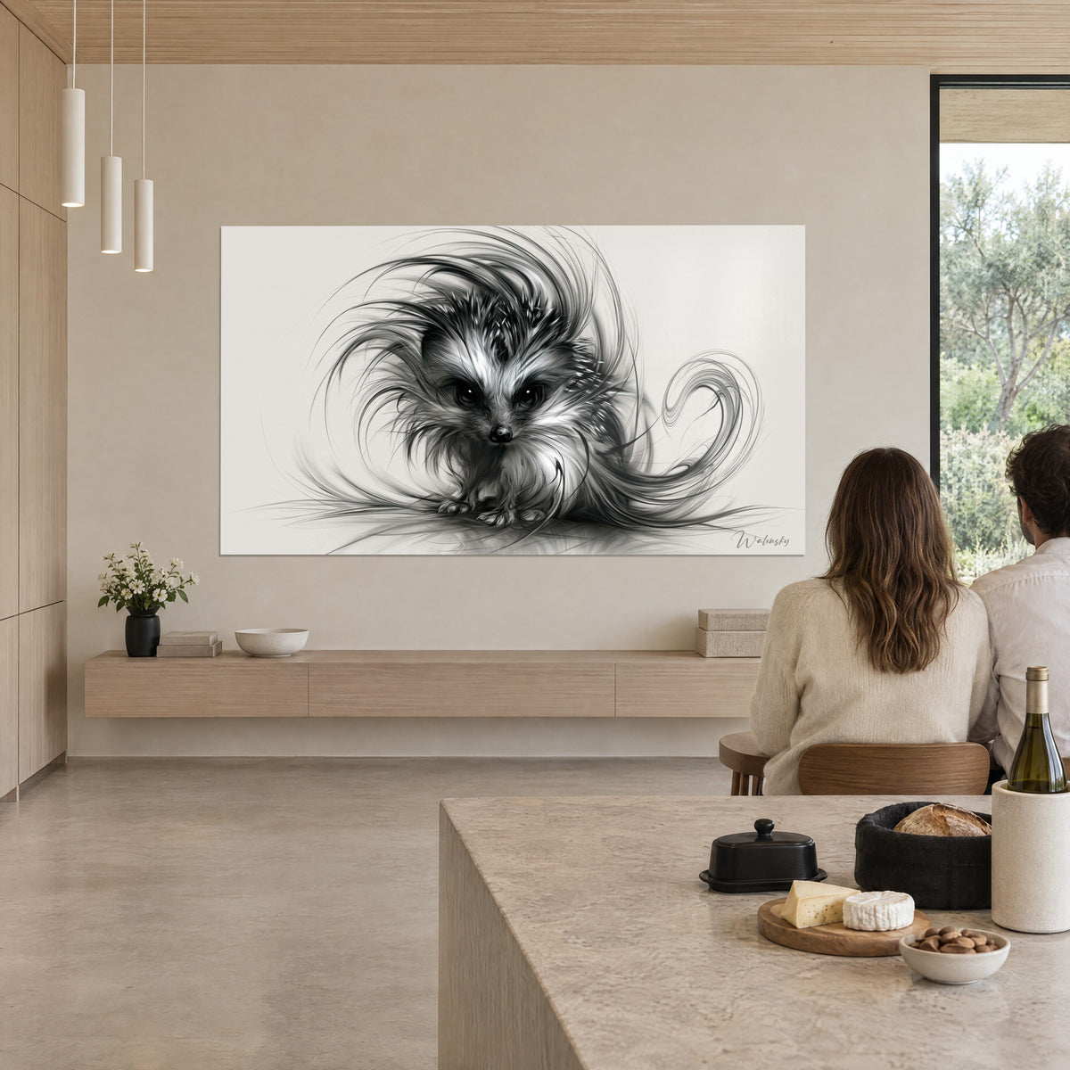 Wall art ball of black and white spines, piercing dark gaze, spiral tufts, cream wall, couple seen from behind at a kitchen table
