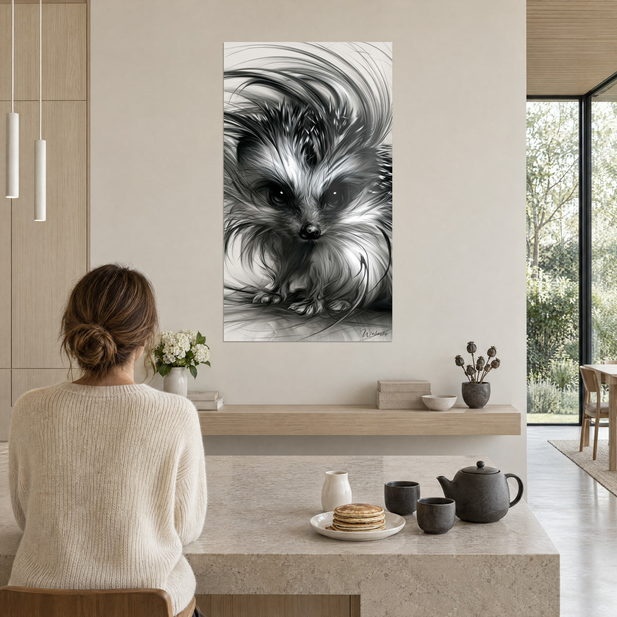 Quadro riccio arruffato, musetto nero lucido e pelliccia bianca, donna seduta di spalle al tavolo davanti al suo tè, cucina aperta sul giardino