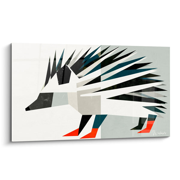 Tableau Hérisson blanc et gris aux pattes rouge vif - Silhouette géométrique en marche - Edition Hérisson