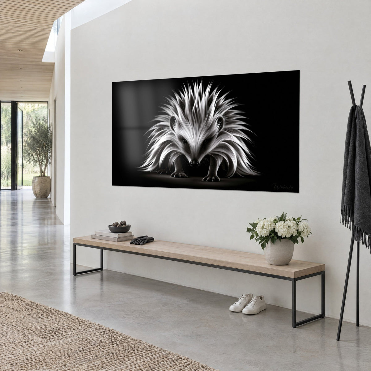 Gemälde Stachelschwein mit silbrigen, fächerförmig aufgerichteten Stacheln, tiefschwarzer Hintergrund, weiße Wand und helle Holzbank