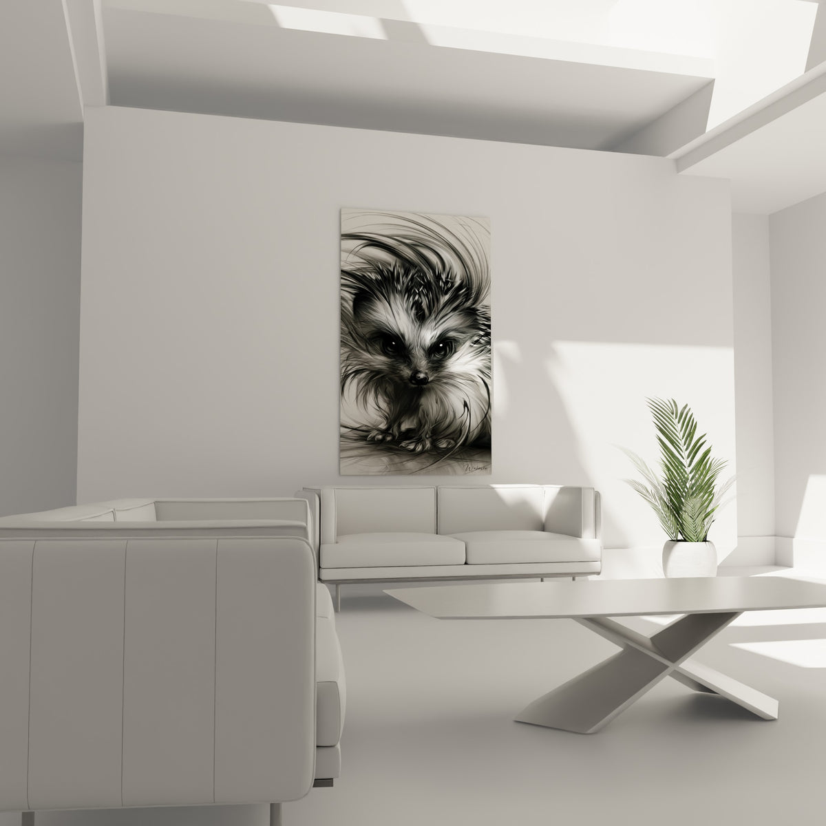 Visage de hérisson noir et blanc aux yeux perçants, suspendu au-dessus d'un canapé dans un salon lumineux