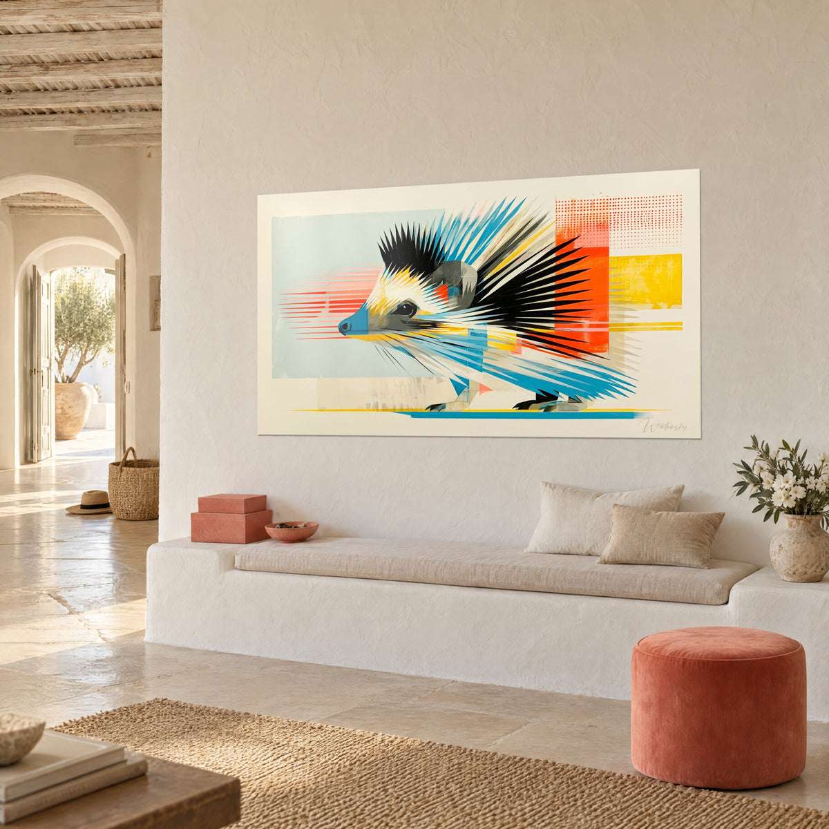 Tableau porc-épic stylisé aux pointes bleu azur et jaune safran sur fond pâle, vu de trois-quarts, banquette blanche et pouf corail
