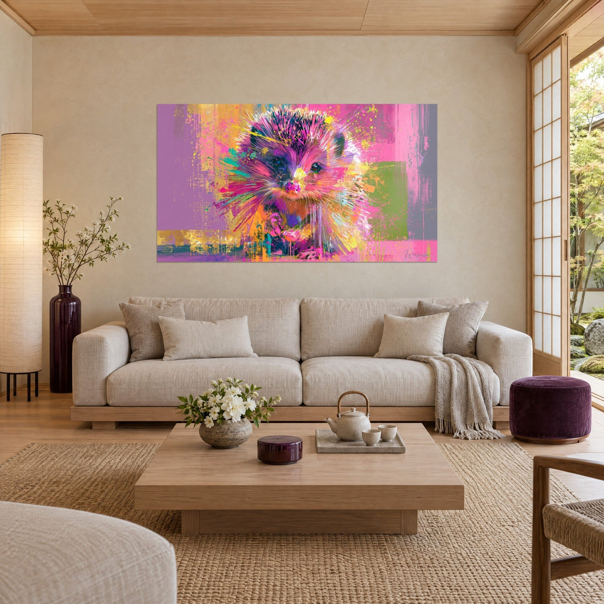 Gemälde kleiner Igel mit fuchsiafarbenen und violetten Stacheln, goldene Spritzer, mauvefarbener und grüner Hintergrund, über einem Sofa in einem hellen Wohnzimmer