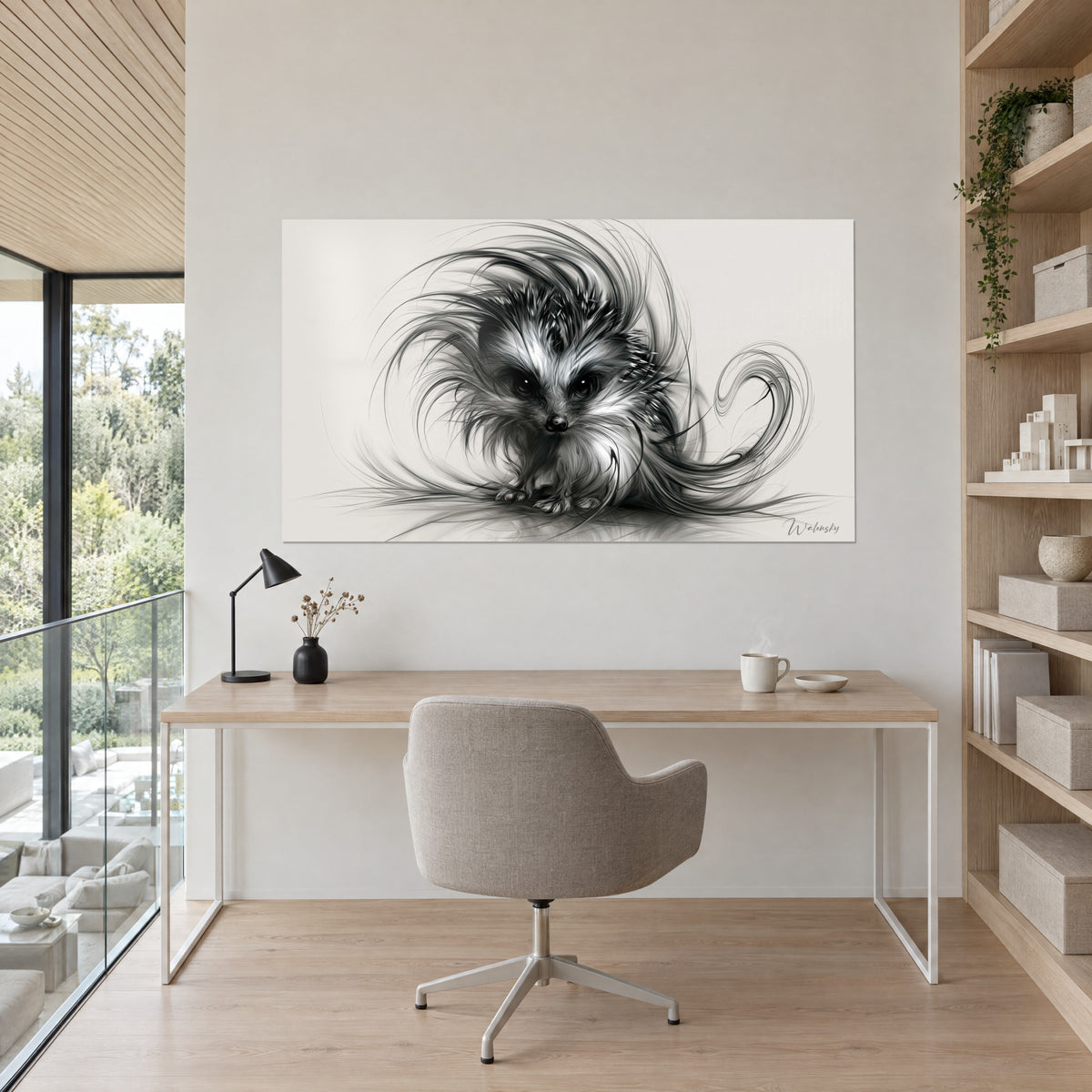 Wall art spirited hedgehog with fine fur in black and grey arabesques on a white background, light wood desk and shelf
