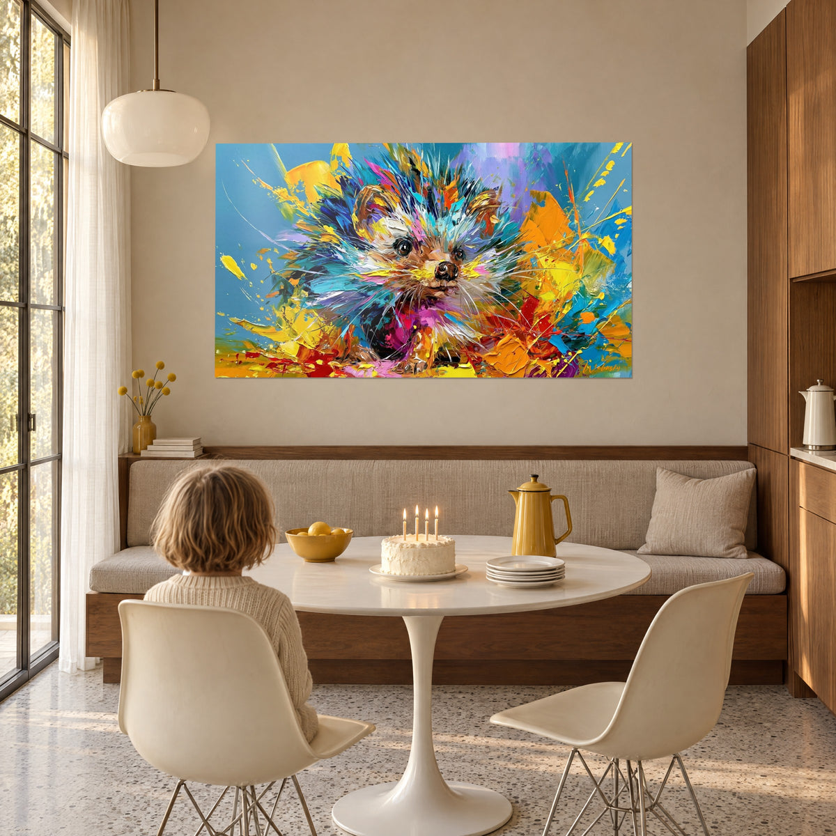 Tableau hérisson aux longues moustaches blanches et épines violettes, taches jaune orangé, dans un salon avec table ronde