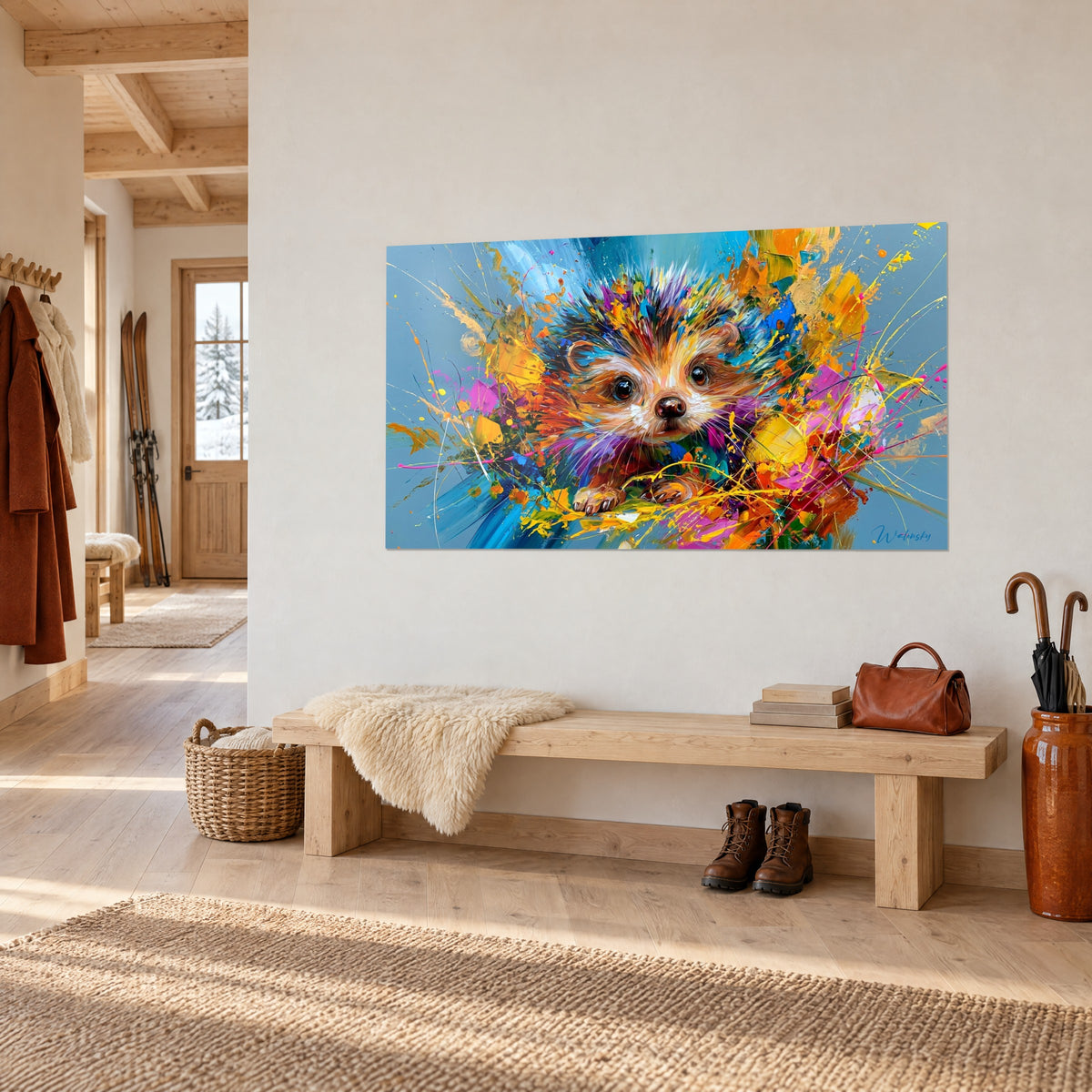 Quadro piccolo animale dal muso bruno e occhi scuri, lampi arancio e rosa su sfondo blu, parete bianca di uno chalet in legno
