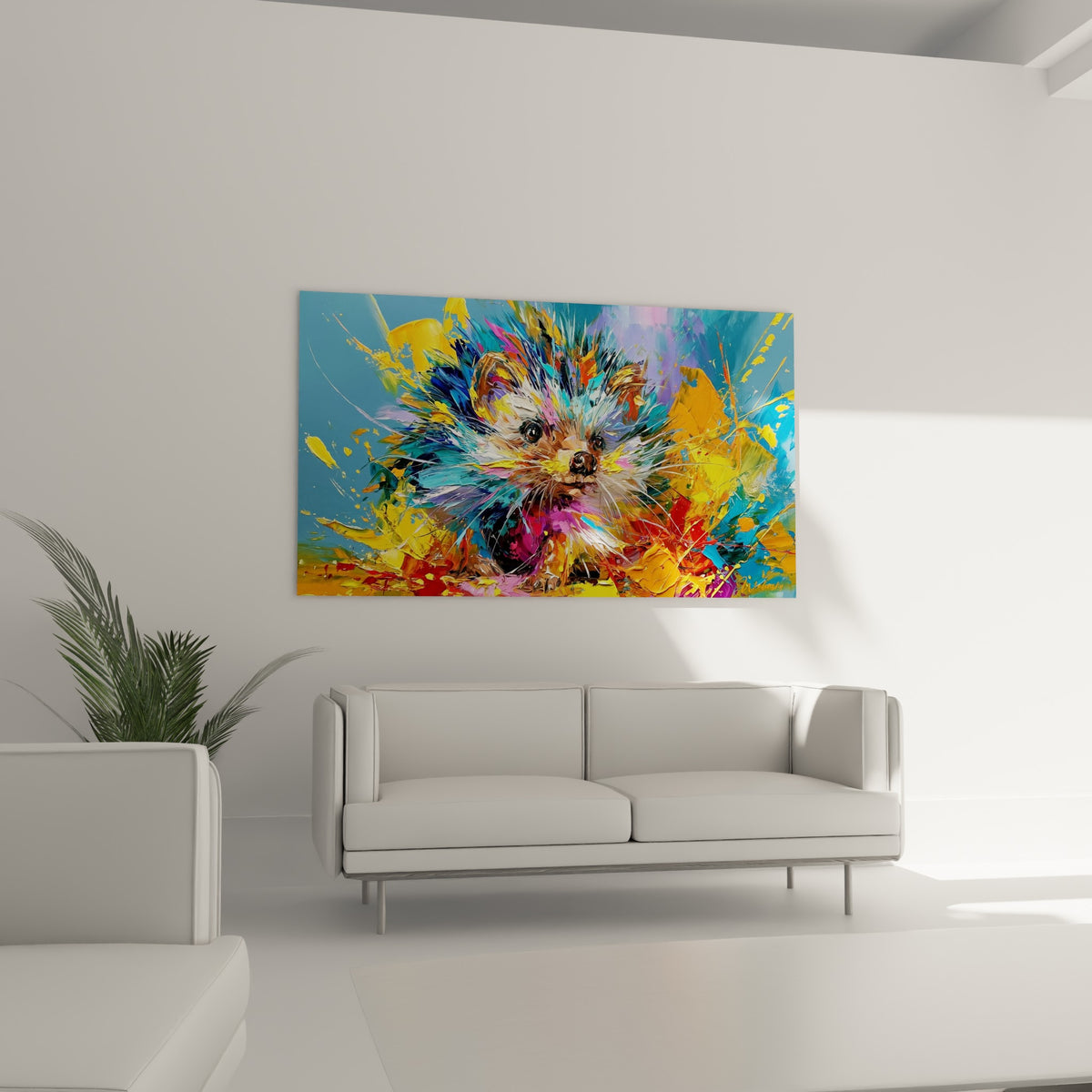 Piquants multicolores bleu, jaune et violet d'un hérisson stylisé au-dessus d'un canapé dans un salon lumineux