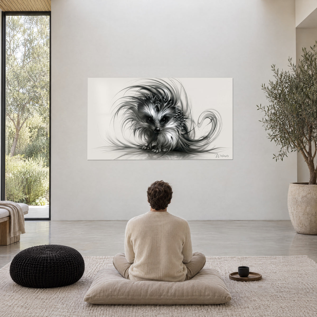 Wall art prickly creature with a white and black mask, bristle curl to the right, man seen from behind seated on a grey cushion