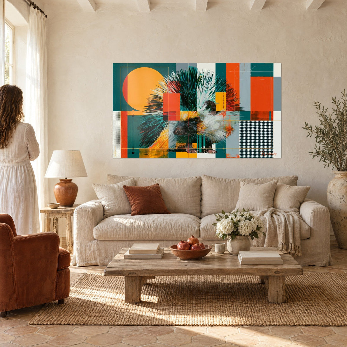 Wall art hedgehog with teal and white quills, yellow sun and flat orange shapes, hanging above a sofa in a bright living room