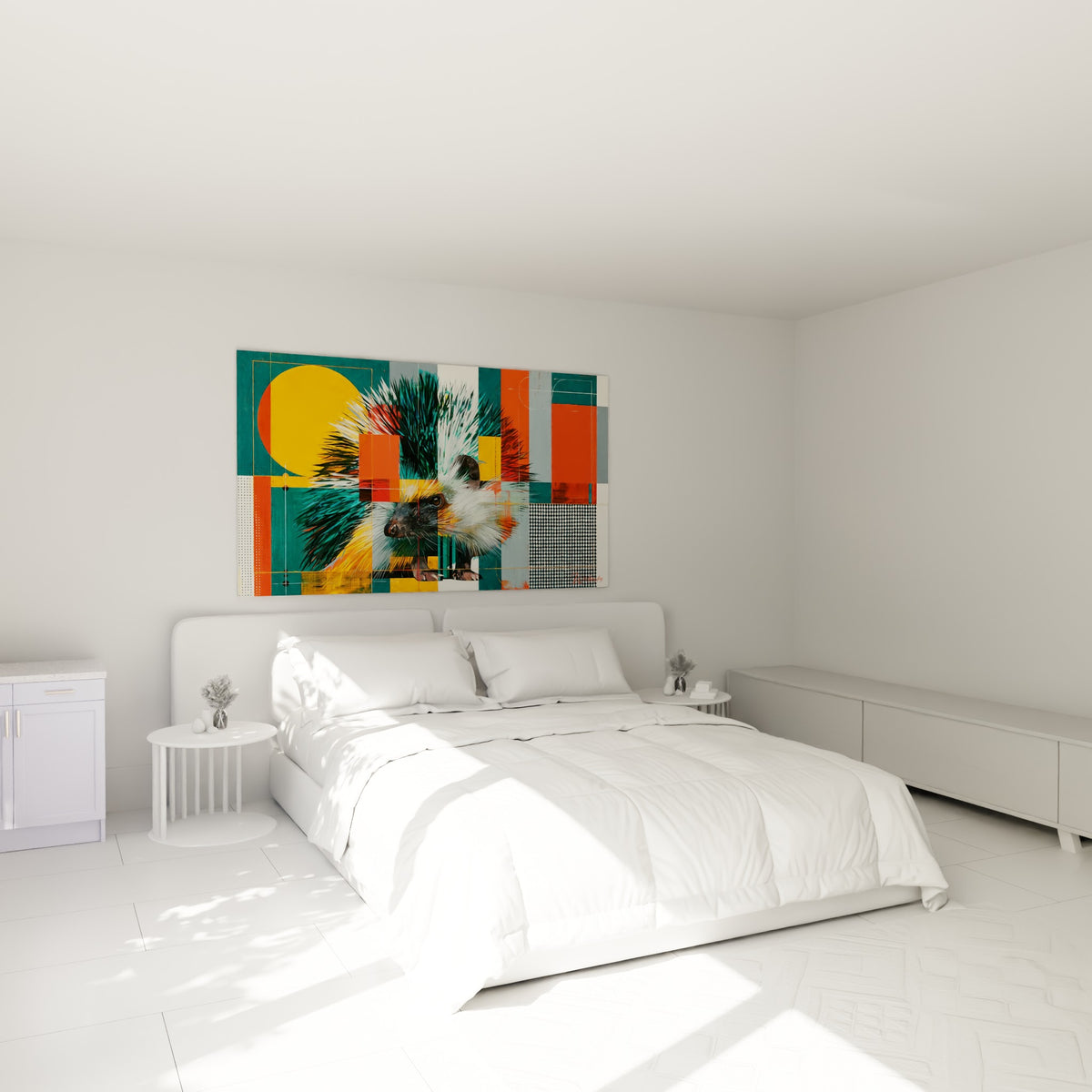 Museau du hérisson orange et anthracite accroché au-dessus d'un lit dans une chambre claire