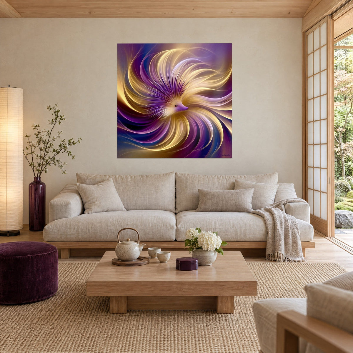 Tableau hérisson aux piquants violets et dorés en spirale, fond indigo, au-dessus d'un canapé dans un salon lumineux
