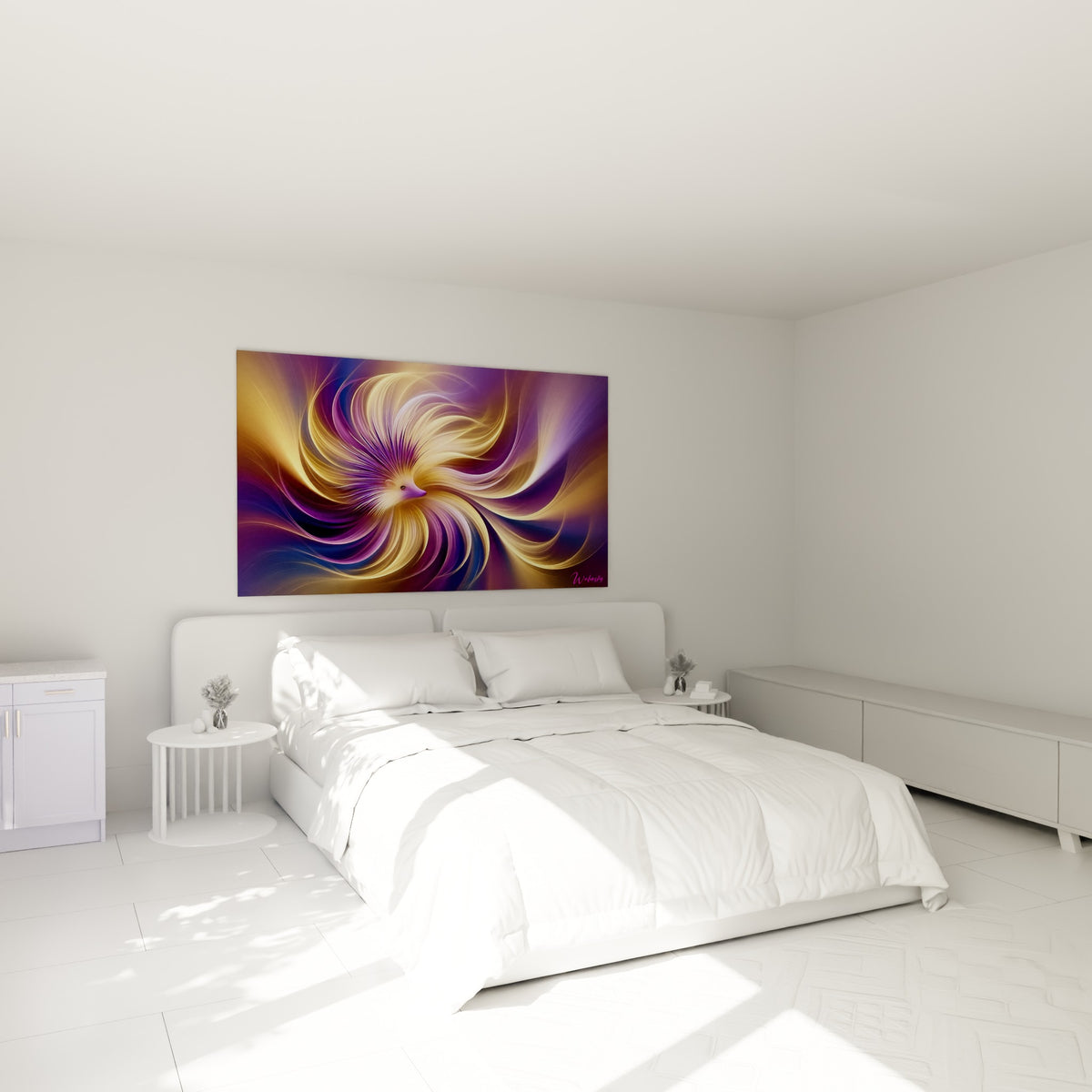 Museau de hérisson entouré de volutes dorées et violettes, accroché au-dessus d'un lit dans une chambre claire