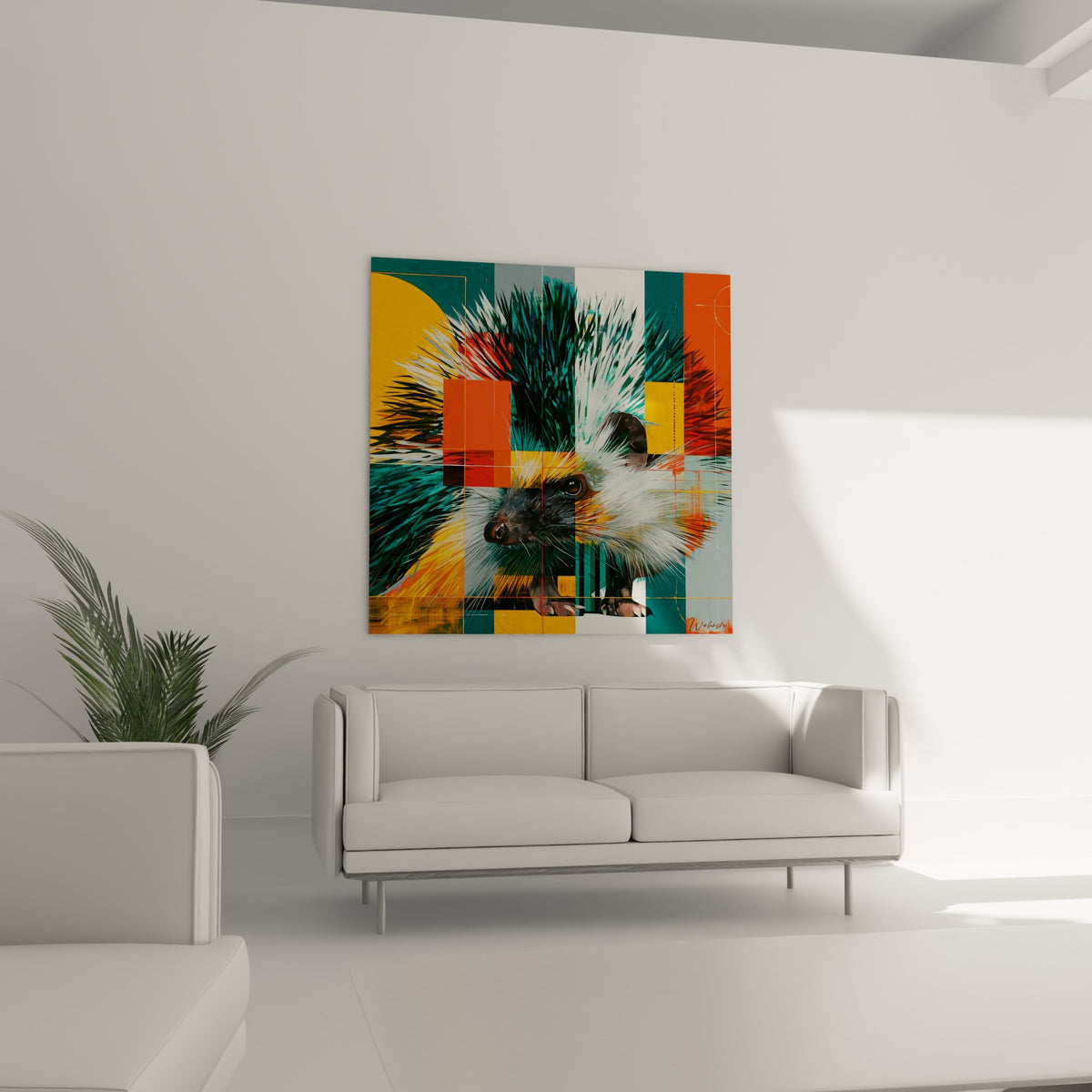 Regard intense du hérisson entre blocs orange et anthracite, accroché au-dessus d'un canapé dans un salon lumineux