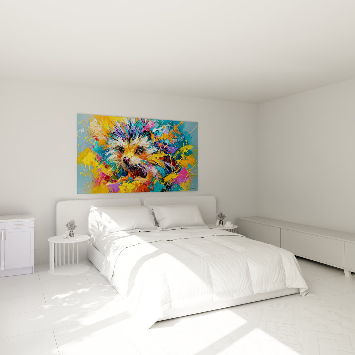 Museau expressif du hérisson entre bleu ardoise et doré, accroché au-dessus d'un lit dans une chambre claire