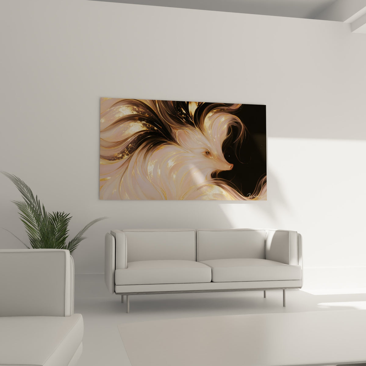 Pelage soyeux rose poudré strié d'or, museau délicat, suspendu au-dessus d'un canapé dans un salon lumineux