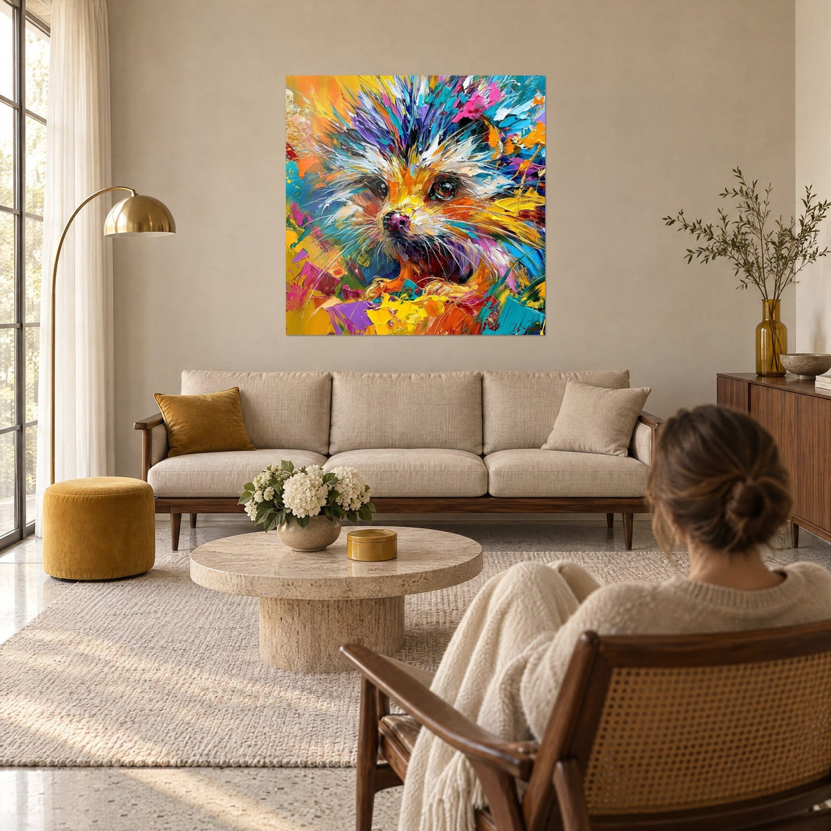 Gemälde Igel mit türkisfarbenen und violetten Stacheln, rosa Schnauze, überraschter Blick, über einem Sofa in einem hellen Wohnzimmer