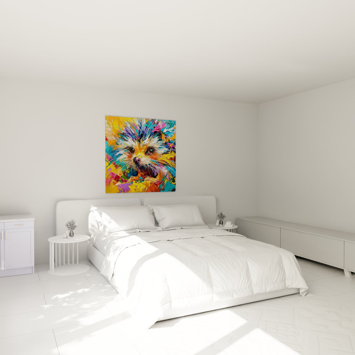 Petit museau rose entouré de piquants dorés et bleutés, accroché au-dessus d'un lit dans une chambre claire