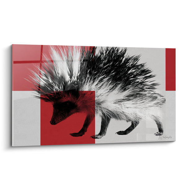 Tableau Hérisson noir et blanc sur fond rouge géométrique - Marche fragmentée - Edition Hérisson