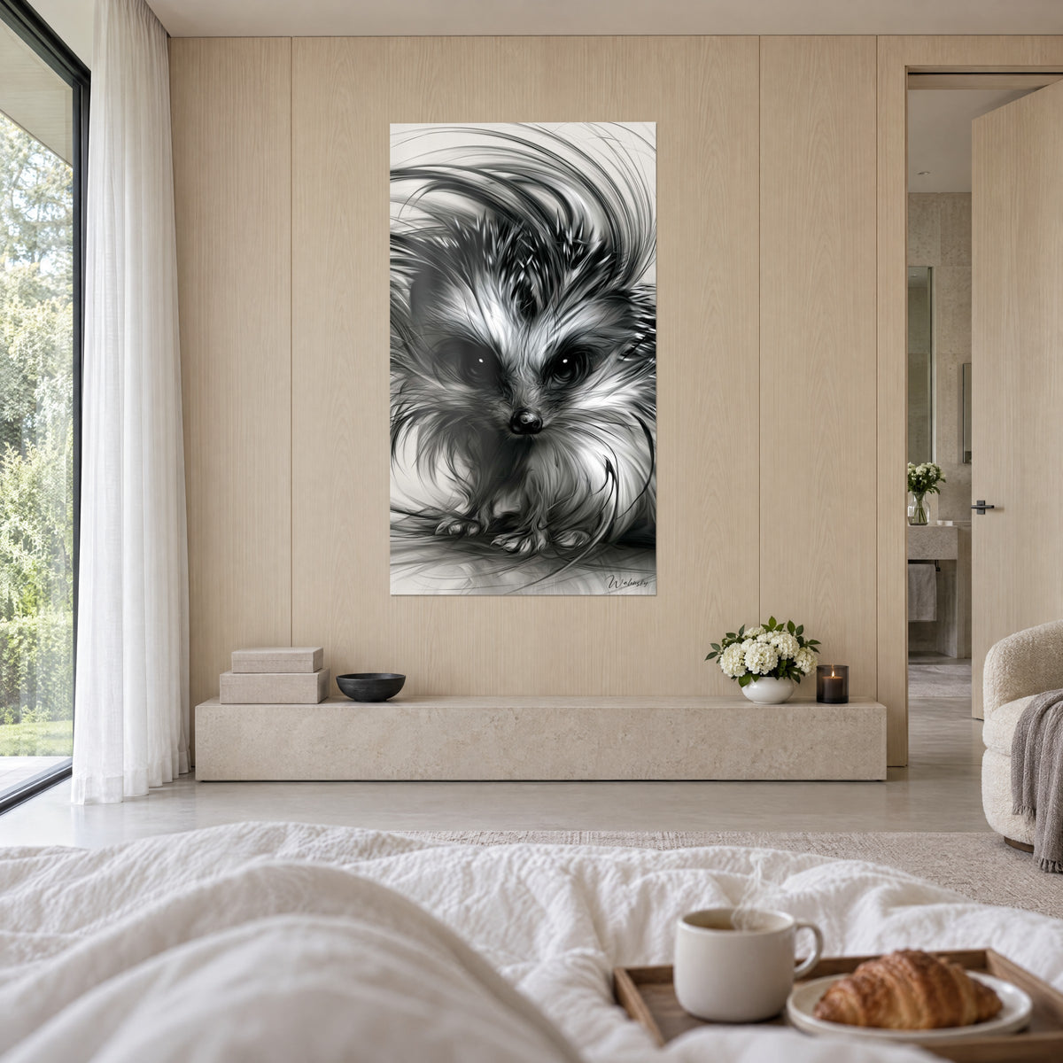 Quadro piccolo riccio dagli occhi scuri e baffi sottili, bianco crema e nero profondo, sopra un letto in una camera luminosa