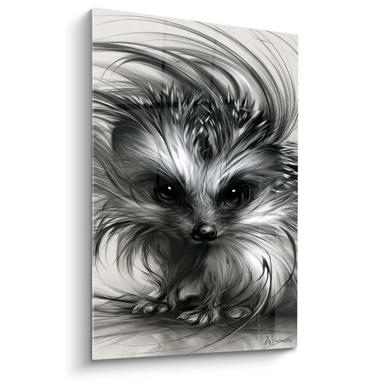 Tableau Hérisson noir et blanc aux mèches balayées face au vent - Regard perçant frontal - Edition Hérisson