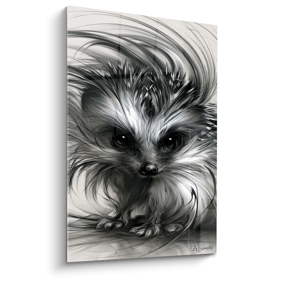 Tableau Hérisson noir et blanc aux mèches balayées face au vent - Regard perçant frontal - Edition Hérisson