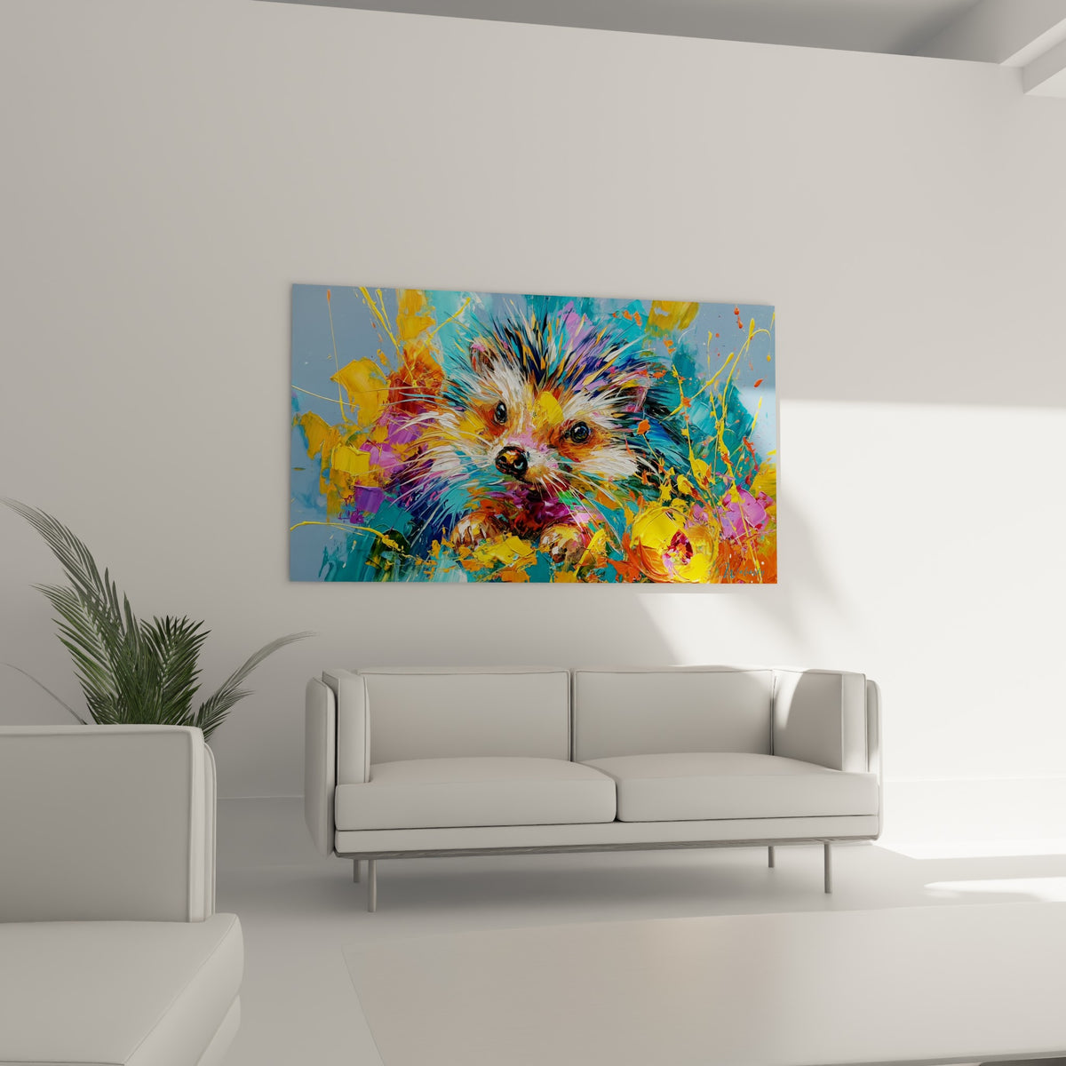 Hérisson vibrant en orange et bleu turquoise disposé au-dessus d'un canapé dans un salon lumineux